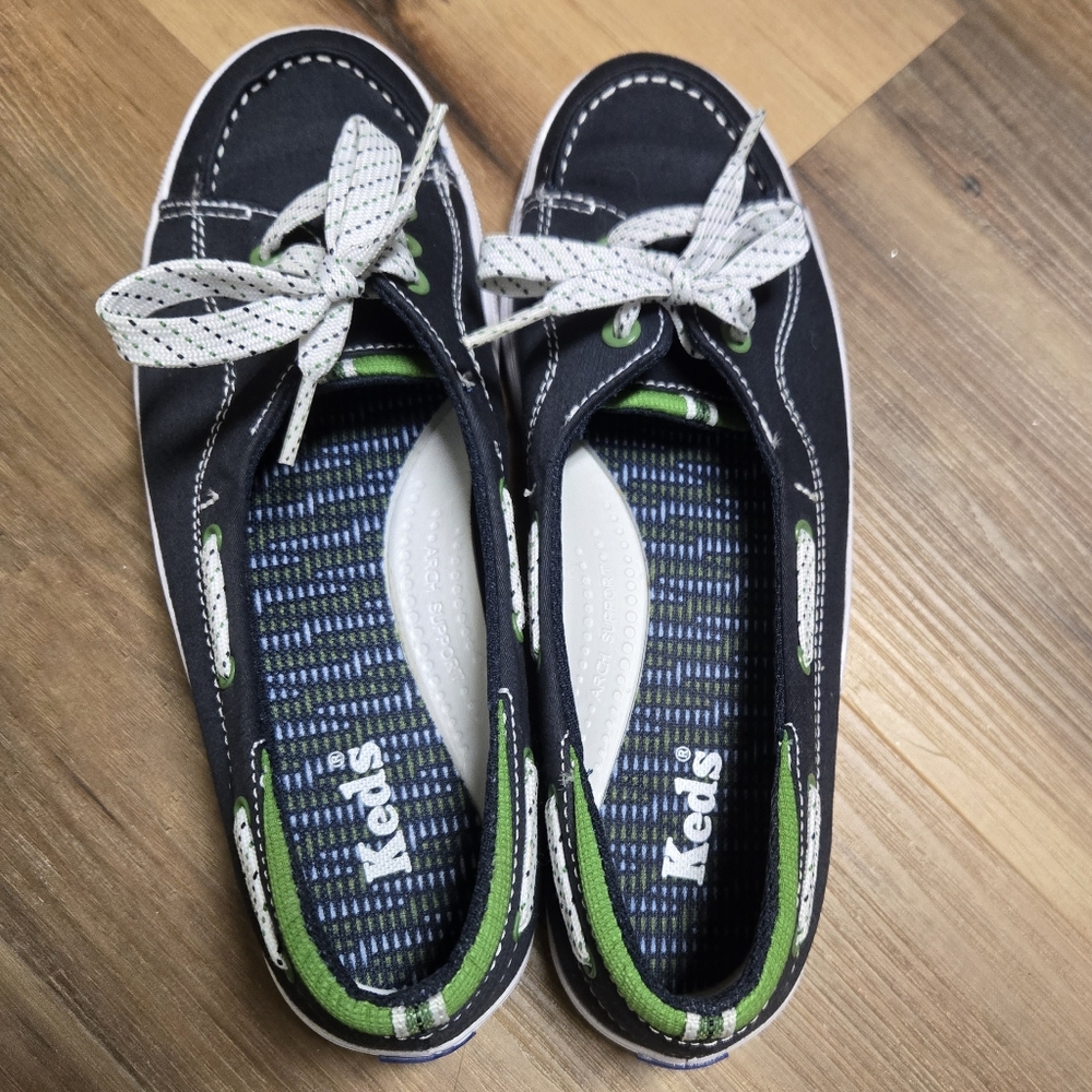Keds Boat Shoes Womens Canvas Navy Blue/Lime Green Causal Size 6.5